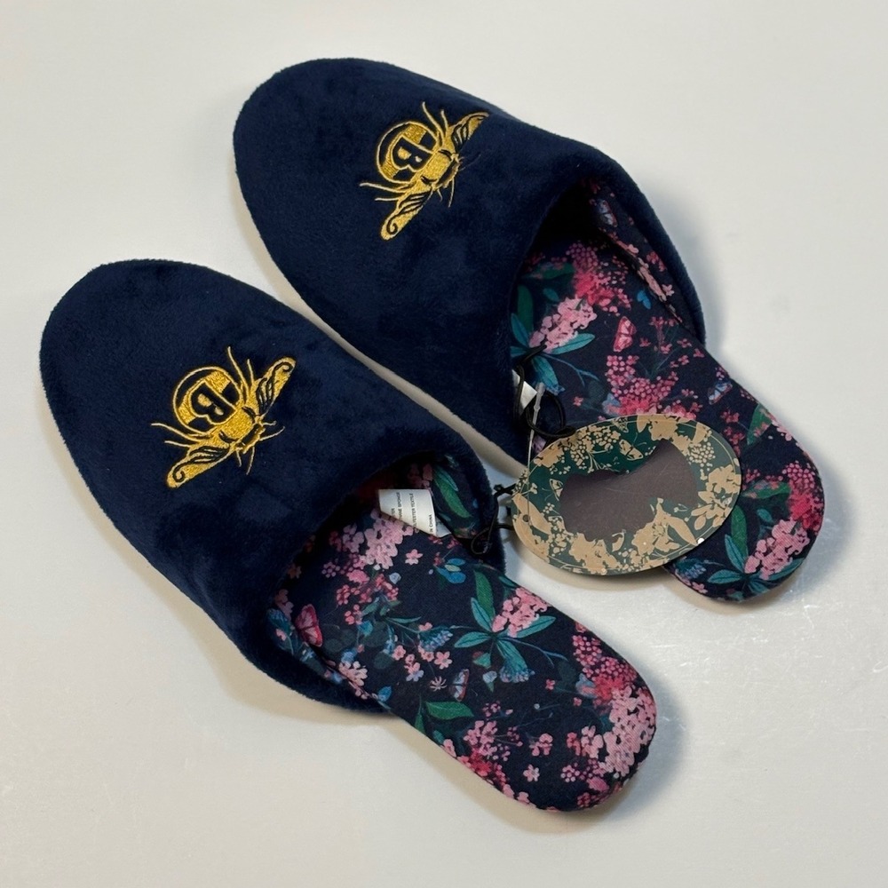 Bridgerton Izzy and Liv Navy Blue Bee Embroidered Velvet Slippers Size 10 TV